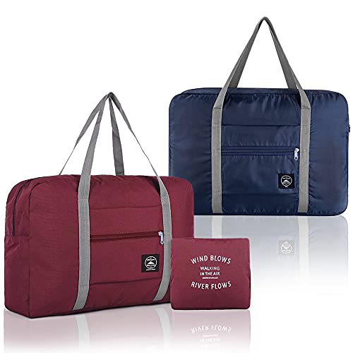 SITAKE 2 Pcs Foldable Travel Duffel Bags, Waterproof Lightweight Carry-on Bags, Suitable for Overnight, Holiday, Shopping, Weekends, Outing, Gym(Wine Red/Navy Blue) - Image 1