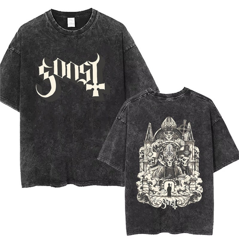 T-Shirt T-Shirt Band Station Gothic Comfortable Washed Men And Women Loose Ghost 2025 Independent Retro New Style - Image 1
