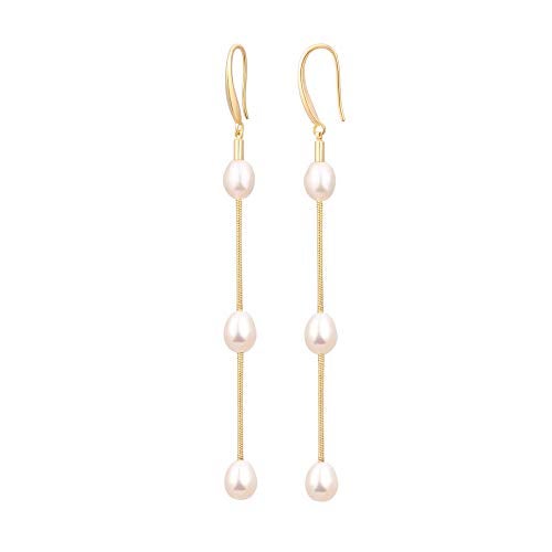POTESSA Baroque Pearl 18K Gold Plated Hoop Drop Dangle Earrings for Women Long Snake Chain Dainty Bridal Earrings for Wedding - Image 1