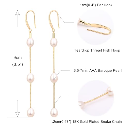 POTESSA Baroque Pearl 18K Gold Plated Hoop Drop Dangle Earrings for Women Long Snake Chain Dainty Bridal Earrings for Wedding - Image 4