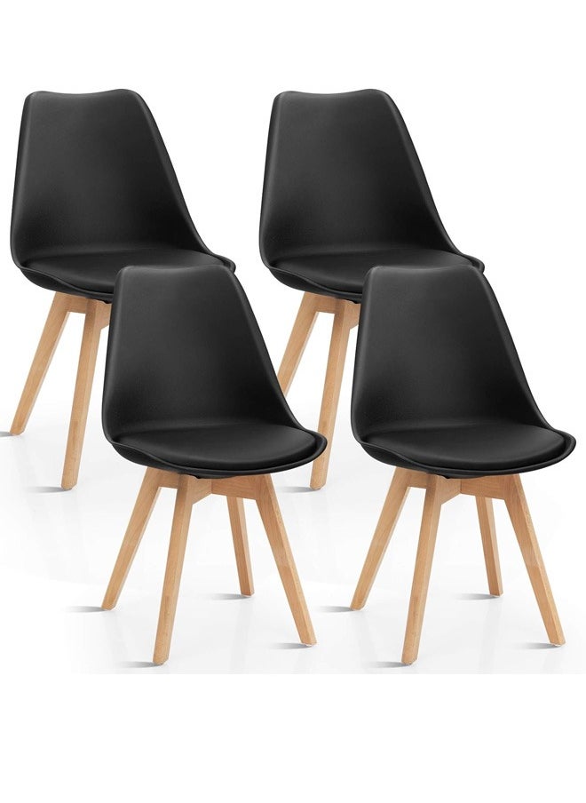Taimi Pack of 4 Mid Century Modern Side Chair with High Back Rest, PU Leather Soft Padded Seats and Solid Wood Legs - Dining, Living Room, Kitchen, Bedroom - Shell Tulip Chair Black  - Image 1