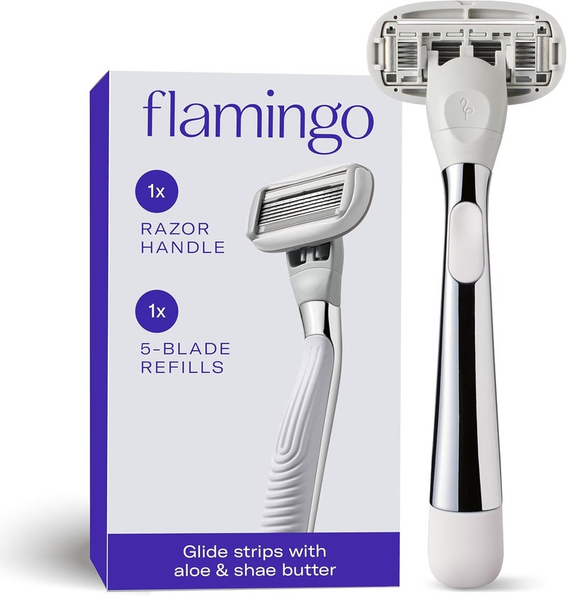 Flamingo شفرات فلامينغو للنساء، مقبض شفرات نسائي (كروم)، شفرات 5 للنساء مع شرائط انزلاق من الألوة وزبدة الشيا - Image 1