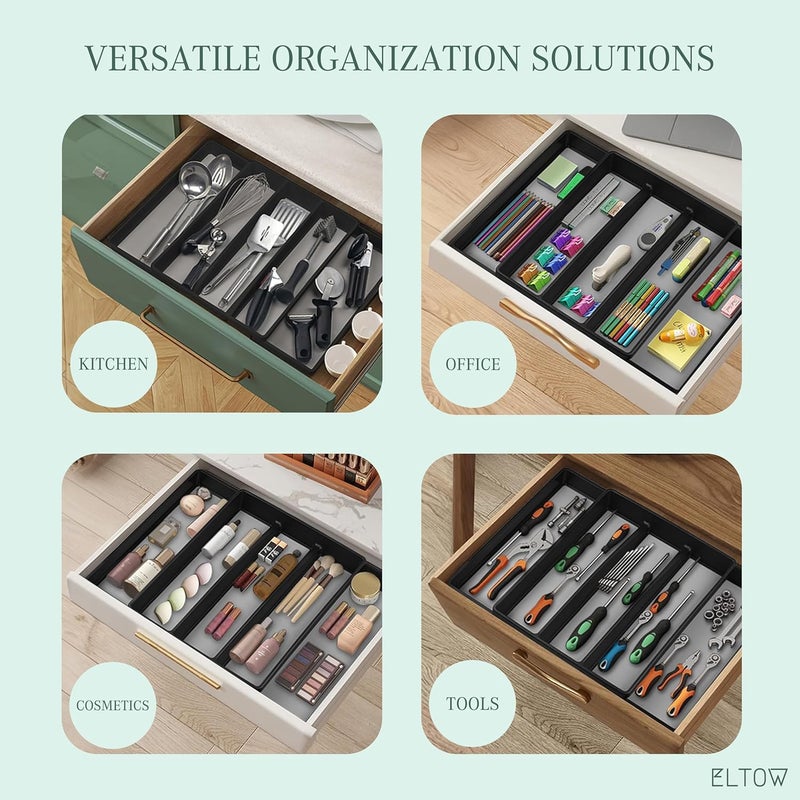 ELTOW Expandable Utensil Drawer Organizer, 5 Compartment Non-Slip & Adjustable Utensil Tray for Kitchen Drawers, Kitchen Organization for Utensils, Office Supplies, Flatware Storage - Black - Image 5