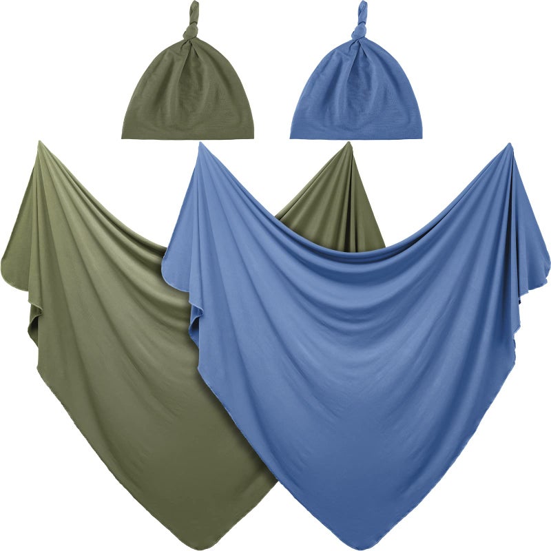 JaGely 2 Pcs Stretchy Baby Swaddle Blankets Set Extra Soft 47" x 47" Baby Newborn Swaddle Blanket and Hat(Blue, Army Green) - Image 1