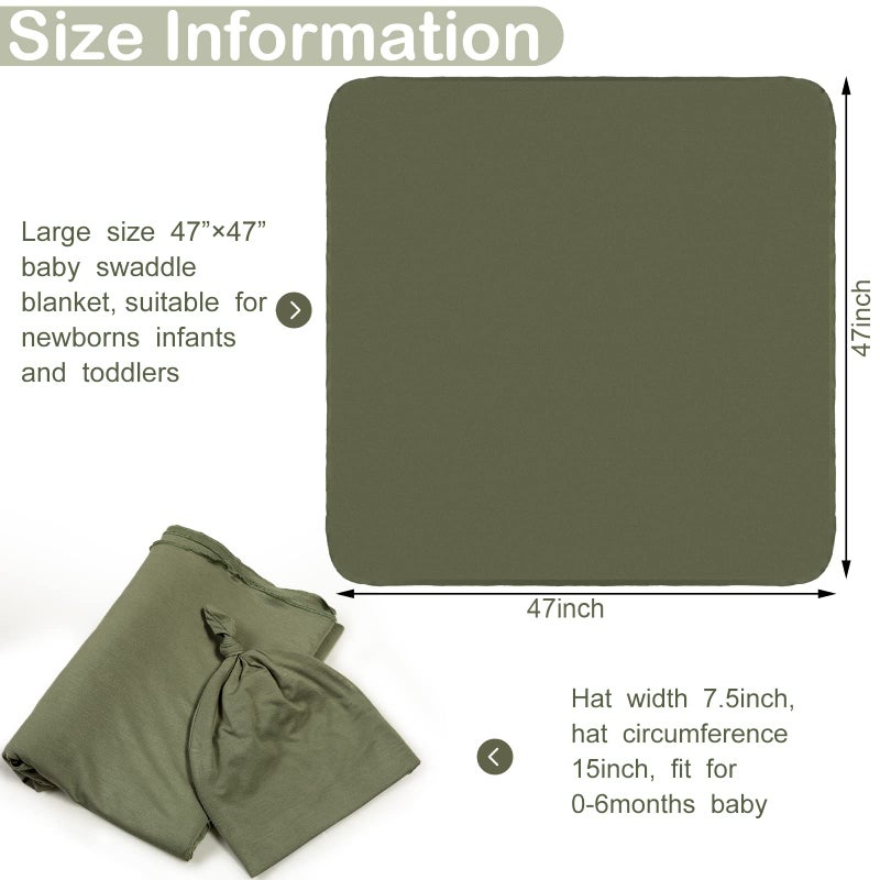 JaGely 2 Pcs Stretchy Baby Swaddle Blankets Set Extra Soft 47" x 47" Baby Newborn Swaddle Blanket and Hat(Blue, Army Green) - Image 2