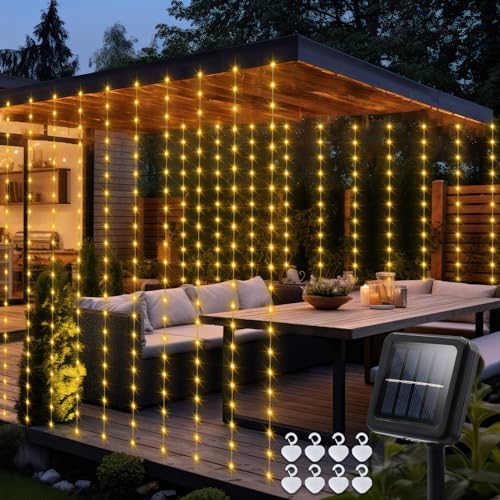 echosari Solar Curtain Lights 7.9ft x 6ft 144 LED Outdoor Curtain Lights Waterproof with Timer 8 Modes for Christmas Garden Patio Fence Wedding Wall Window Gazebo Decor - Warm White - Image 1