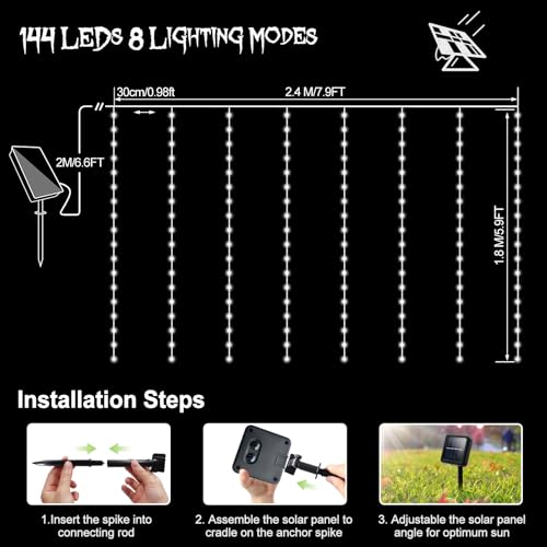 echosari Solar Curtain Lights 7.9ft x 6ft 144 LED Outdoor Curtain Lights Waterproof with Timer 8 Modes for Christmas Garden Patio Fence Wedding Wall Window Gazebo Decor - Warm White - Image 2
