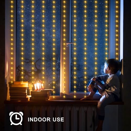 echosari Solar Curtain Lights 7.9ft x 6ft 144 LED Outdoor Curtain Lights Waterproof with Timer 8 Modes for Christmas Garden Patio Fence Wedding Wall Window Gazebo Decor - Warm White - Image 5