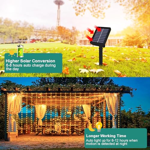 echosari Solar Curtain Lights 7.9ft x 6ft 144 LED Outdoor Curtain Lights Waterproof with Timer 8 Modes for Christmas Garden Patio Fence Wedding Wall Window Gazebo Decor - Warm White - Image 3