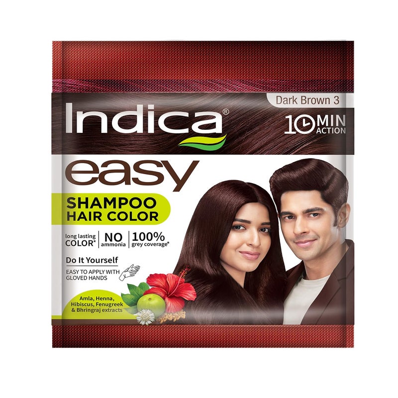 Indica Easy DoItYourself 10 Minutes Hair Color Shampoo with 5 Herbal Extracts and 100 Ammonia Free Long Lasting Formula 125g  125ml  Dark Brown Colour Gloves Included - Image 1
