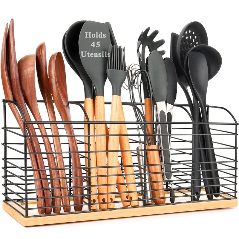 PrimZooty Extra Large Utensil Holder for Kitchen Counter 157x 67x 44 Aesthetic Design AntiSlip Mat 4 Compartments Black Cooking Utensil Organizer for Countertop Spatula Utensil Caddy - Image 2