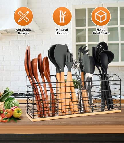PrimZooty Extra Large Utensil Holder for Kitchen Counter 157x 67x 44 Aesthetic Design AntiSlip Mat 4 Compartments Black Cooking Utensil Organizer for Countertop Spatula Utensil Caddy - Image 3