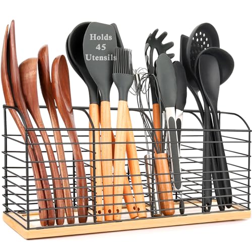 PrimZooty Extra Large Utensil Holder for Kitchen Counter 157x 67x 44 Aesthetic Design AntiSlip Mat 4 Compartments Black Cooking Utensil Organizer for Countertop Spatula Utensil Caddy - Image 1