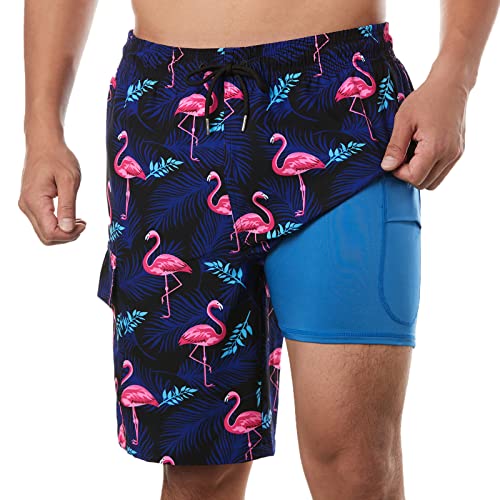 BRISIRA Mens Swim Trunks Bathing Suit 9 Inch Inseam Compression Liner Beach Long Board Shorts Swimsuit Anti-Chafe Quick Dry Flamingo - Image 1