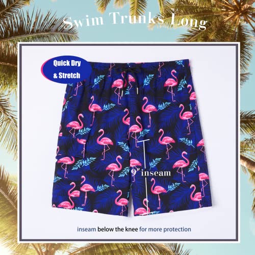 BRISIRA Mens Swim Trunks Bathing Suit 9 Inch Inseam Compression Liner Beach Long Board Shorts Swimsuit Anti-Chafe Quick Dry Flamingo - Image 4
