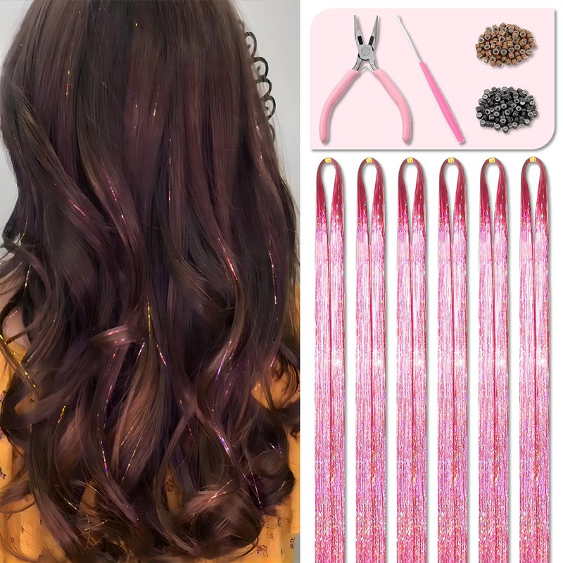 Fiwecos Pink Fairy Hair Tinsel Kit 48 Inches 1200 Strands with Tools and Instruction Easy to Install Glitter Tinsel Hair Extensions for Women and Girlsï¼ŒShinny Sparkling Braiding Hair Accessories for Halloween Cosplay Party - Image 1