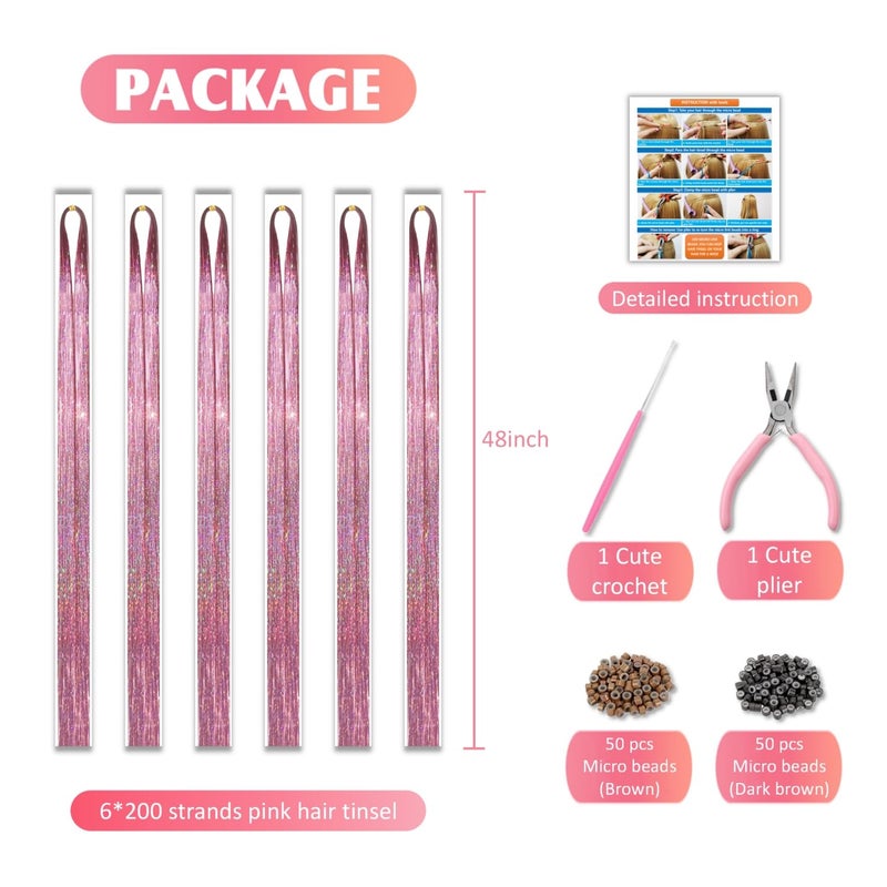 Fiwecos Pink Fairy Hair Tinsel Kit 48 Inches 1200 Strands with Tools and Instruction Easy to Install Glitter Tinsel Hair Extensions for Women and Girlsï¼ŒShinny Sparkling Braiding Hair Accessories for Halloween Cosplay Party - Image 4