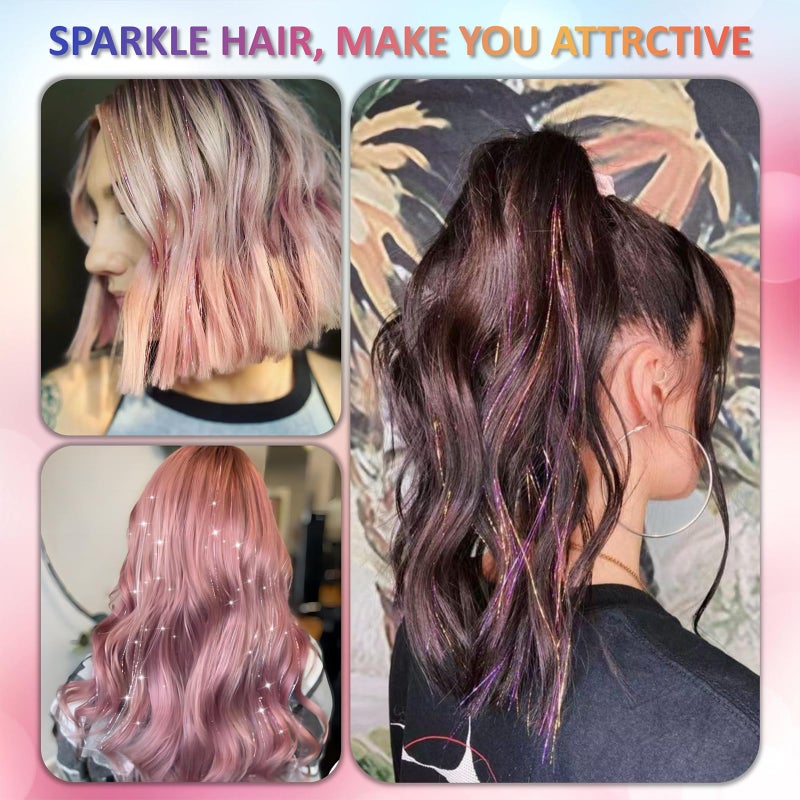 Fiwecos Pink Fairy Hair Tinsel Kit 48 Inches 1200 Strands with Tools and Instruction Easy to Install Glitter Tinsel Hair Extensions for Women and Girlsï¼ŒShinny Sparkling Braiding Hair Accessories for Halloween Cosplay Party - Image 3