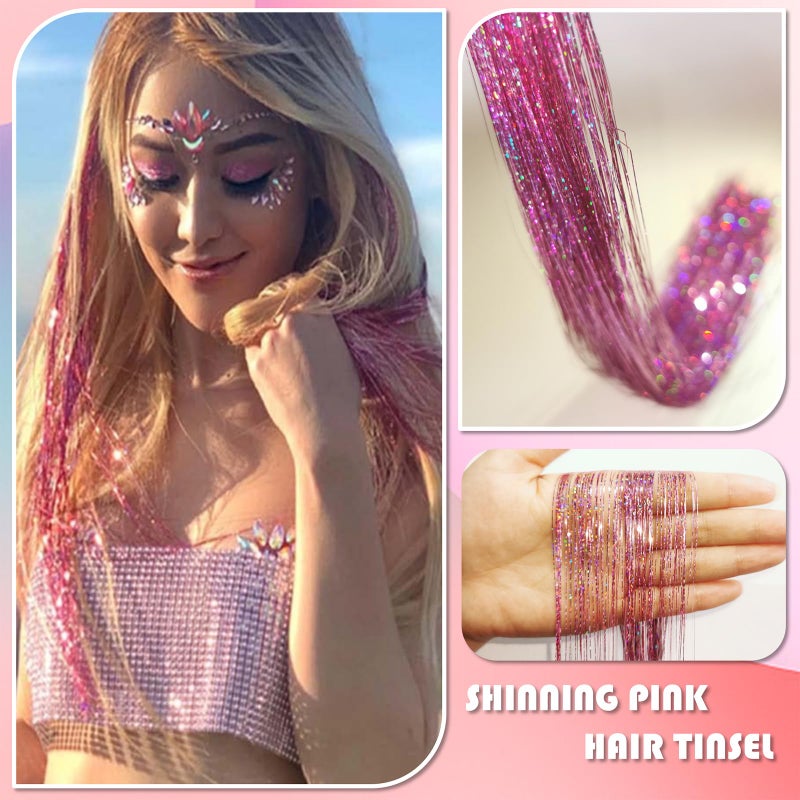 Fiwecos Pink Fairy Hair Tinsel Kit 48 Inches 1200 Strands with Tools and Instruction Easy to Install Glitter Tinsel Hair Extensions for Women and Girlsï¼ŒShinny Sparkling Braiding Hair Accessories for Halloween Cosplay Party - Image 2