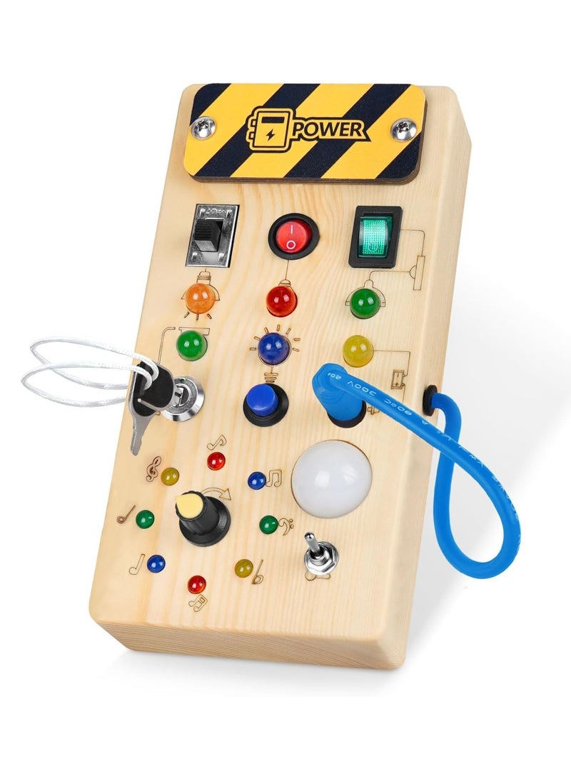 NIBEMINENT Montessori Toddler Busy Board, Baby Wooden Busy Board with 8 LED Light switches, Sensory Toys Light Switch Toys Travel Toys for 3+ Year Old Baby and Toddler - Image 1