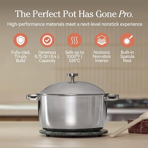 Our Place Titanium Perfect Pot Pro 675 Qt Stock Pot with Lid Silicone Spoon PFASFree Nonstick FullyClad TriPly Stainless Steel Aluminum Induction OvenSafe up to 1000F Chrome - Image 3