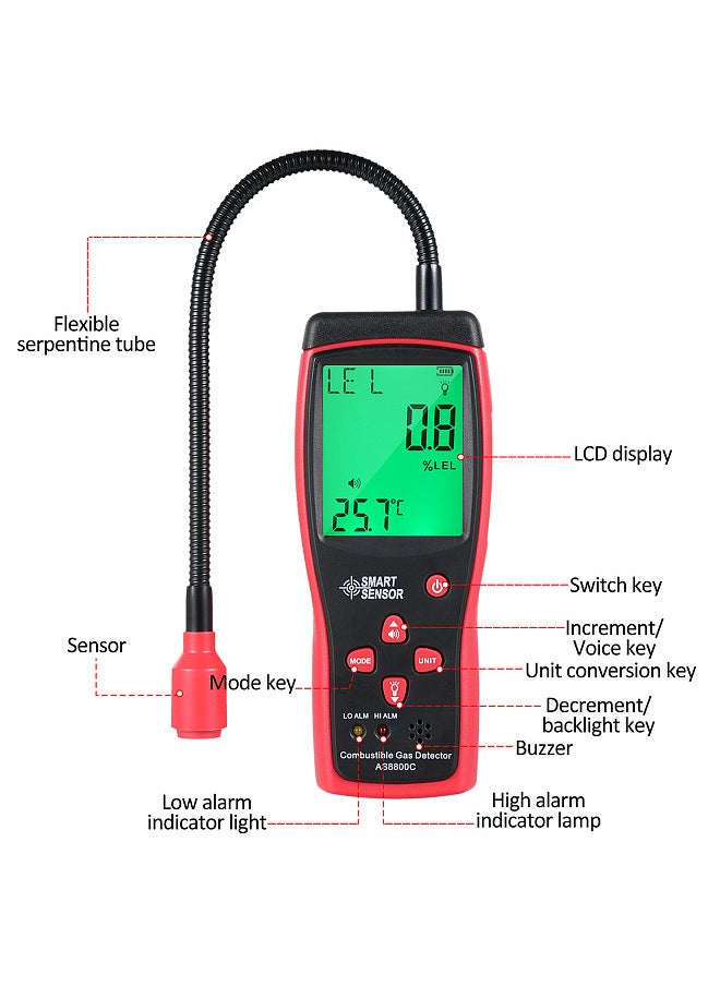 SMART SENSOR Handheld Combustible Gases Leak Detector Natural Gases Leakage Tester Portable Combustible Gases Concentration Analyzer Meter with Temperature Test and Sound Light Alarm Function  - Image 4