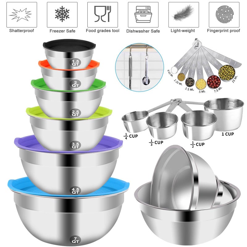 Wepsen Mixing Bowls With Lid Set 27Pcs Kitchen Utensils Metal Bowl Stainless Steel Nesting Bowls Measuring Cups And Spoons Egg Whisk For Baking Prepping Cooking Serving Supplies - Image 2