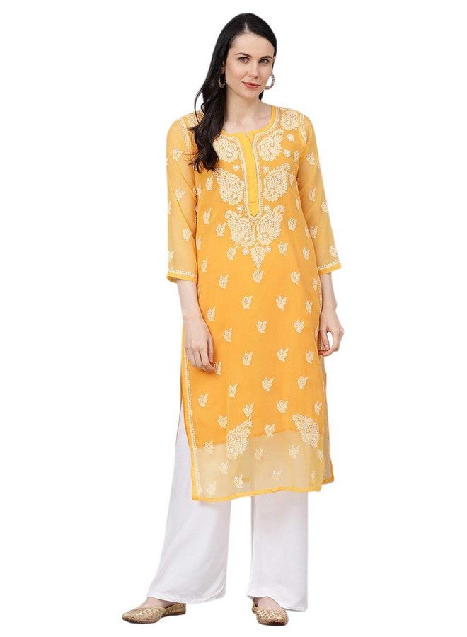 Ada Hand Embroidered Lucknowi Chikankari Women's Georgette Kurta with Slip A411158 (M, Mustard) - Image 1