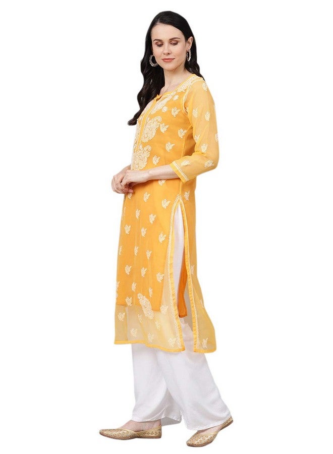 Ada Hand Embroidered Lucknowi Chikankari Women's Georgette Kurta with Slip A411158 (M, Mustard) - Image 4