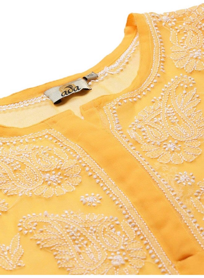 Ada Hand Embroidered Lucknowi Chikankari Women's Georgette Kurta with Slip A411158 (M, Mustard) - Image 5