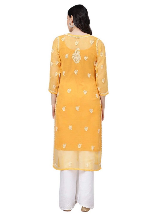 Ada Hand Embroidered Lucknowi Chikankari Women's Georgette Kurta with Slip A411158 (M, Mustard) - Image 2