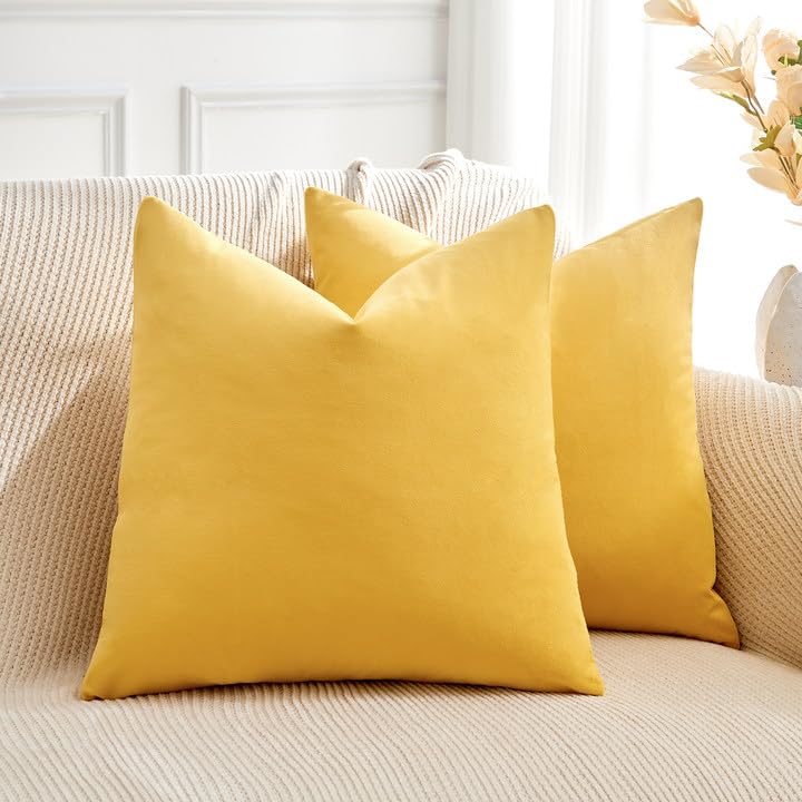 GriNeed Throw Pillow Covers Yellow Set of 2 18x18 Inch Pillow Covers, Soft Velvet Fall Decorative Cases for Couch Sofa Bed, Home Boho Decor, Modern Farmhouse Cushion Covers - Image 1