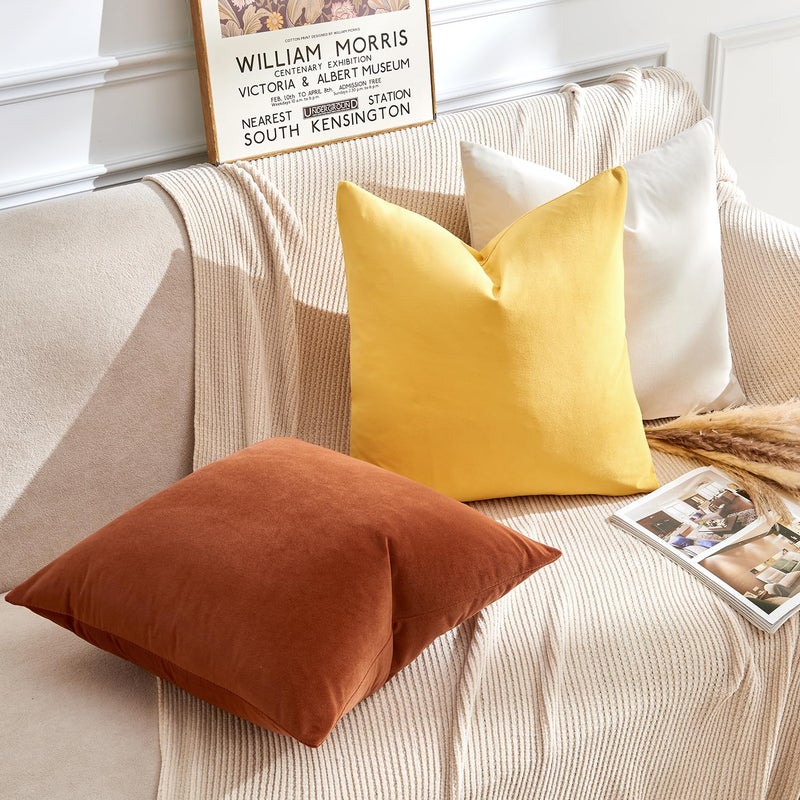 GriNeed Throw Pillow Covers Yellow Set of 2 18x18 Inch Pillow Covers, Soft Velvet Fall Decorative Cases for Couch Sofa Bed, Home Boho Decor, Modern Farmhouse Cushion Covers - Image 4