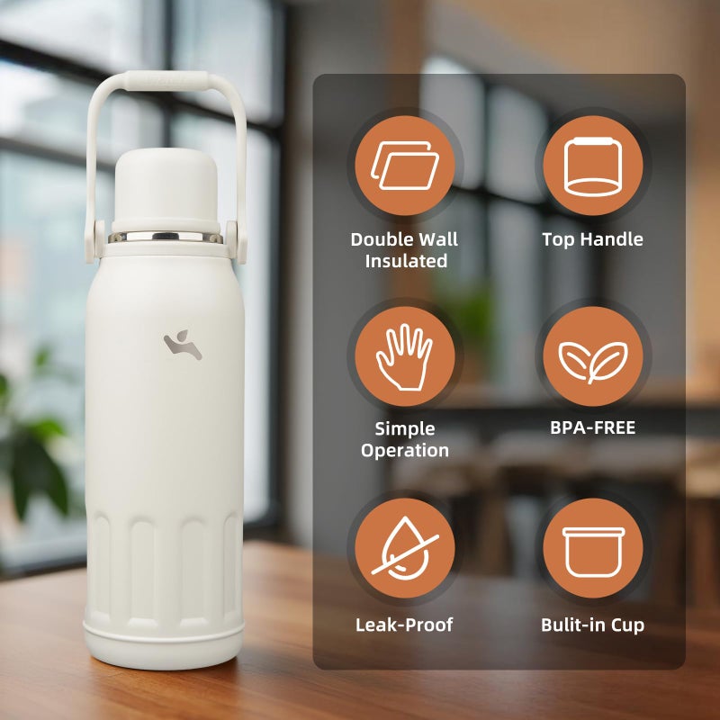 Konokyo Insulated Water Bottle with Handle and Strap,Vacuum Travel Tumbler with Cup Lid,Thermo Coffee Cup for Hot Cold Drinks 50 OZ,Beige - Image 3
