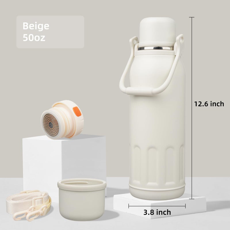 Konokyo Insulated Water Bottle with Handle and Strap,Vacuum Travel Tumbler with Cup Lid,Thermo Coffee Cup for Hot Cold Drinks 50 OZ,Beige - Image 2
