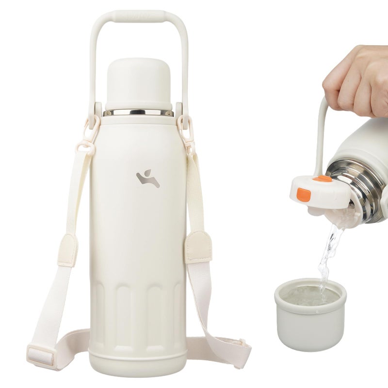 Konokyo Insulated Water Bottle with Handle and Strap,Vacuum Travel Tumbler with Cup Lid,Thermo Coffee Cup for Hot Cold Drinks 50 OZ,Beige - Image 1