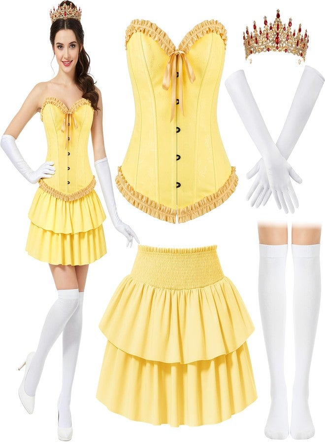 JaGely - 5 Pieces Fairy Princess Costume for Women Corset Top Crown Gloves Socks Skirt Halloween Party Princess Role Play Dress Up for Adult M Yellow - Image 1