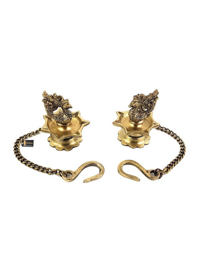 Two Moustaches Brass Peacock Carved Hanging Diya Set, Antique Yellow -Pack of 2, Standard - Image 3