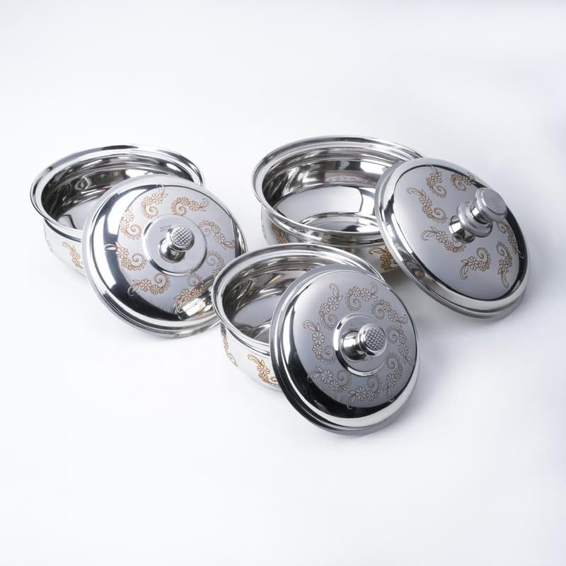 PARVY® Stainless Steel Hot Pot Handi with Lid | 3 Pcs Handi Set | Silver Serving Dishes with Lids | Perfect for Cooking, Baking, Serving | Space Saving Storage (3 Pcs/Small/Medium/Large) - Image 2