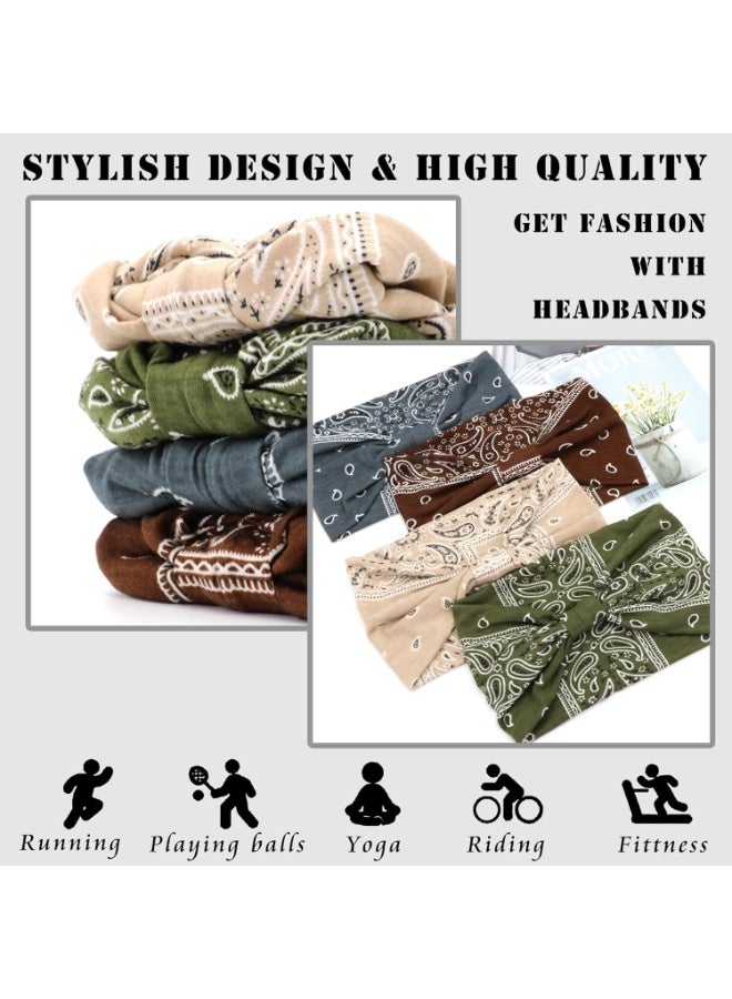 TEMPO 4Pcs - Boho Headbands for Women Vintage Paisley Wide Hairbands Large African Headwrap Elastic Non Slip Workout Sports Head Band Knotted Thick Turban Cotton Bandanas for Hair Accessories - Image 4