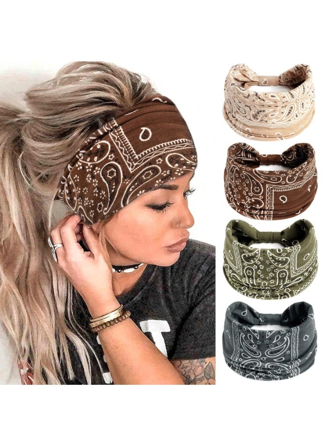 TEMPO 4Pcs - Boho Headbands for Women Vintage Paisley Wide Hairbands Large African Headwrap Elastic Non Slip Workout Sports Head Band Knotted Thick Turban Cotton Bandanas for Hair Accessories - Image 1