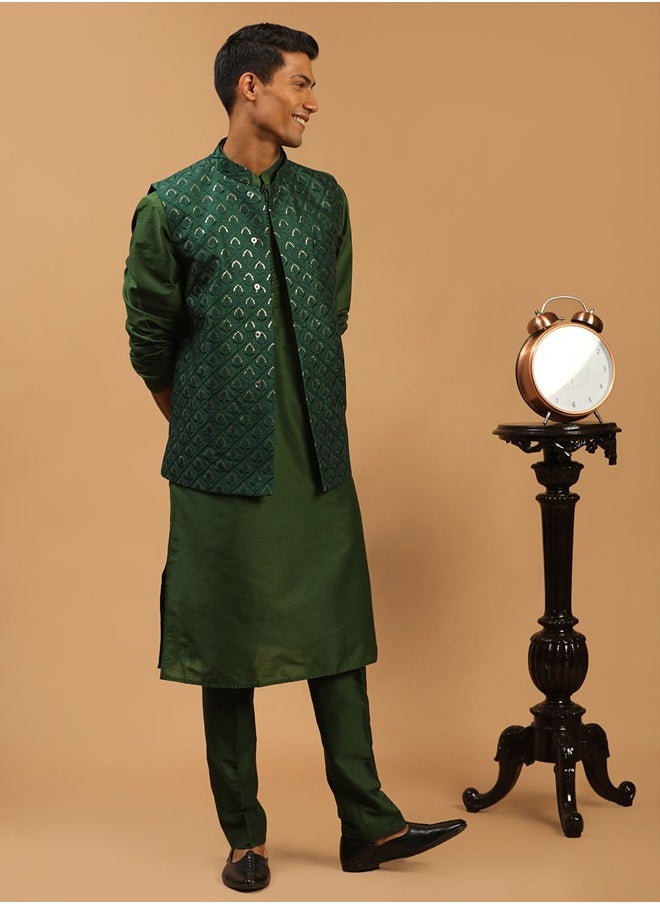 PRASHA - Men's Green Silk Blend Jacket, Kurta & Pyjama - Image 1