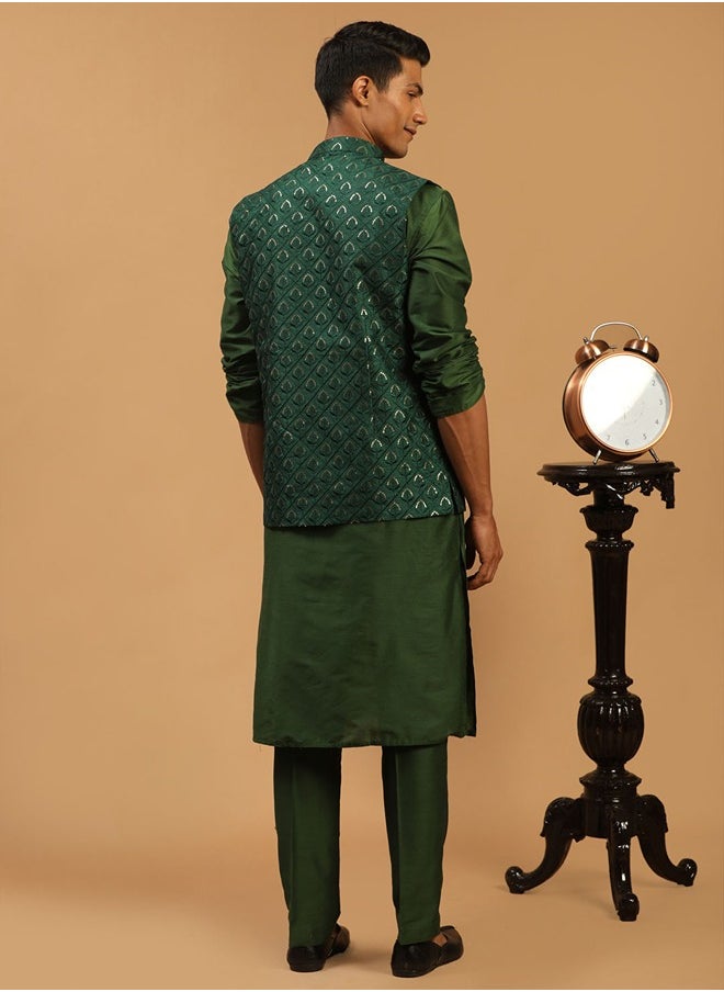 PRASHA - Men's Green Silk Blend Jacket, Kurta & Pyjama - Image 1