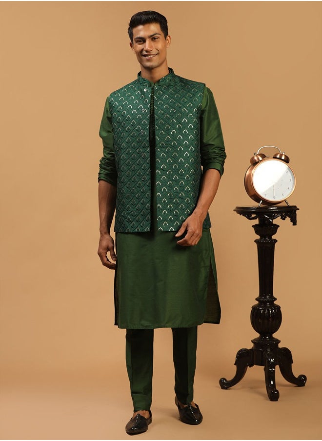 PRASHA - Men's Green Silk Blend Jacket, Kurta & Pyjama - Image 1