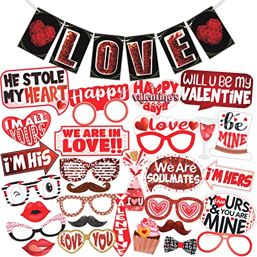 WOBBOX Valentine Photo Booth Props Red & White 29 Pcs with Rose Flower Pattern Love Bunting Banner, Valentine Day Decoration Item, Valentine Party Decor, (WOBOX2533) - Image 1