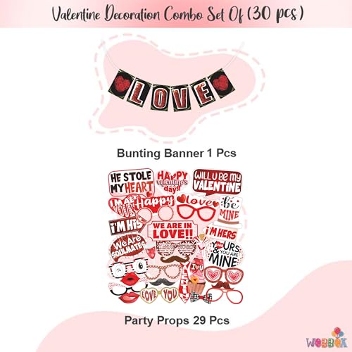 WOBBOX Valentine Photo Booth Props Red & White 29 Pcs with Rose Flower Pattern Love Bunting Banner, Valentine Day Decoration Item, Valentine Party Decor, (WOBOX2533) - Image 2