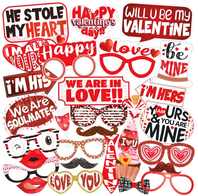 WOBBOX Valentine Photo Booth Props Red & White 29 Pcs with Rose Flower Pattern Love Bunting Banner, Valentine Day Decoration Item, Valentine Party Decor, (WOBOX2533) - Image 5