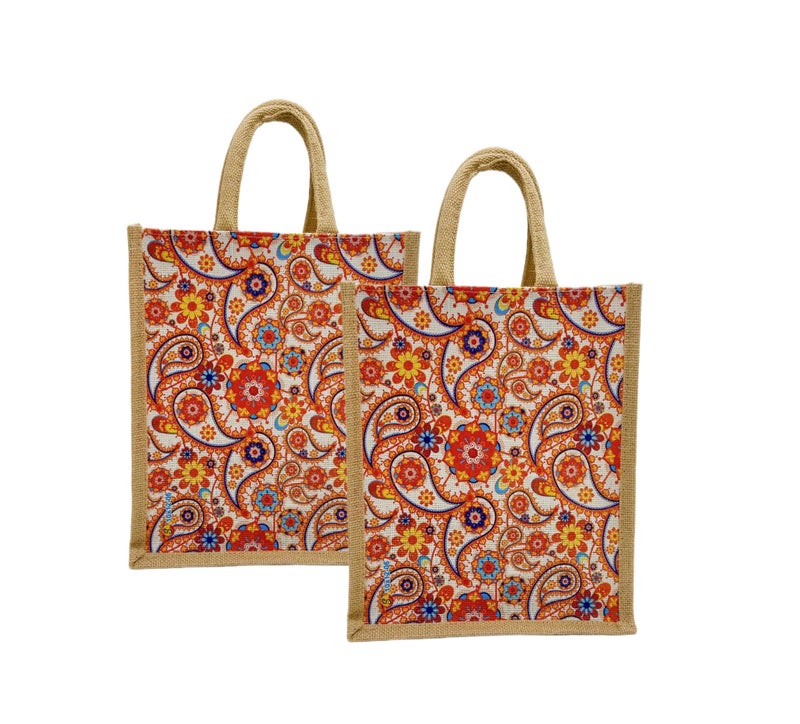 Sangra Multicolor Jute bag for Women and Men Lunch Bag with Zip and Handle (Small) (Pack of Two) (Paisley) - Image 1