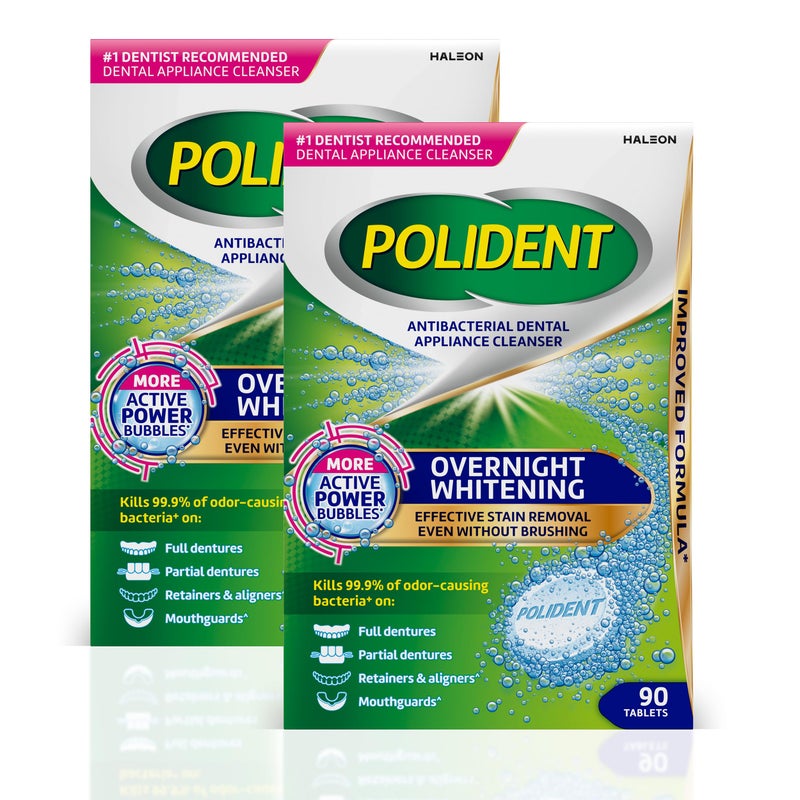Polident Overnight Whitening Antibacterial Dental Appliance Cleanser Tablets, Mouthguard Cleaning Tablets, 90 Count (2 Pack) - Image 1