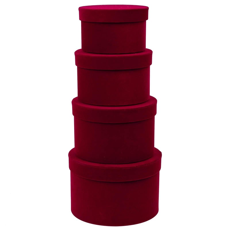 GnFlus Round Gift Boxes with Lids for Presents Set of 4 Red Wine Velvet Nesting Gifts Box for Arrangements Flowers Wedding Birthday Valentines Bridesmaid Christmas Party Anniversary - Image 1